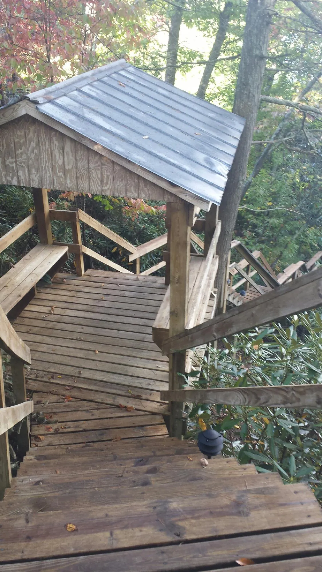 Metal roofed shelter over wooden steps on a wooded walkway — Skylight Repair & Installation work by our crew in Maynardville
